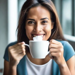 A high-quality, real-life photograph capturing a woman eating a real white cup