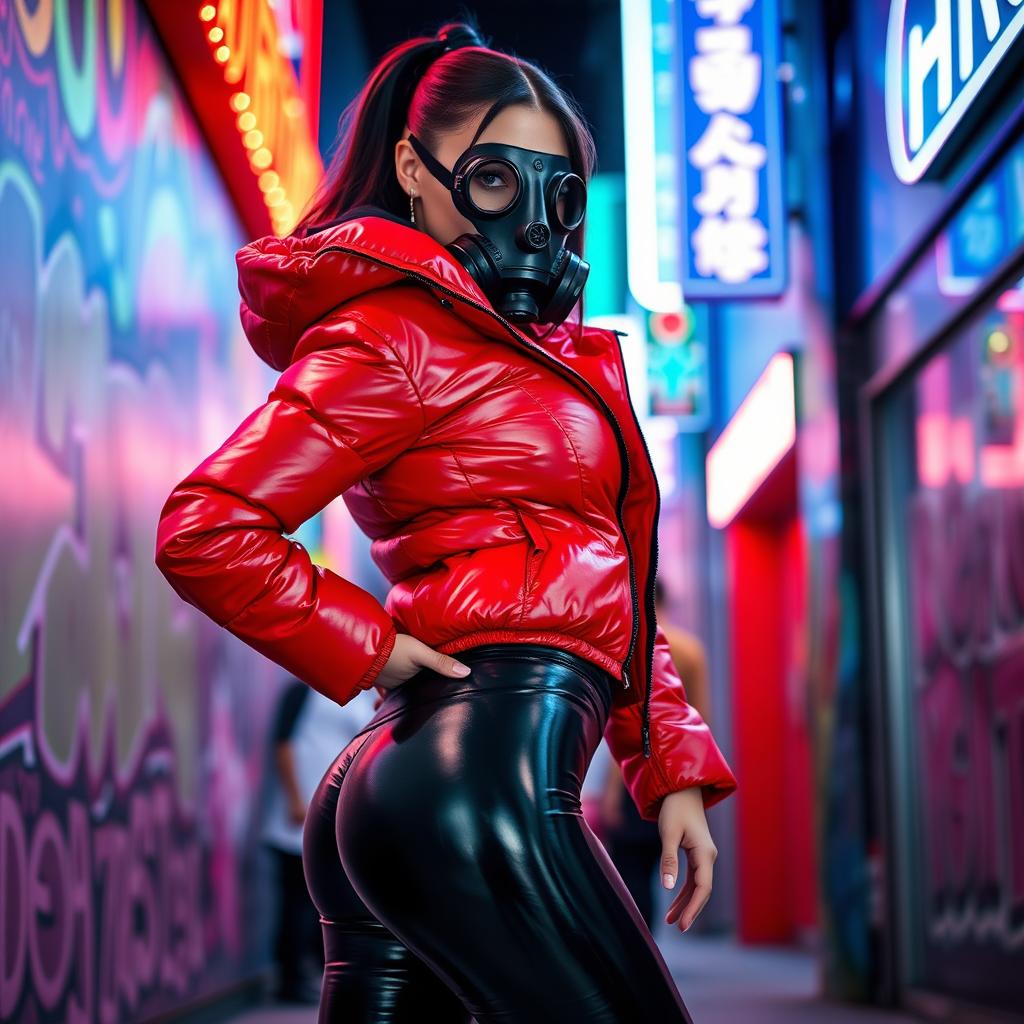 A hot slim girl with big boobs striking a bold pose in a shiny red tight puffer jacket that hugs her curves