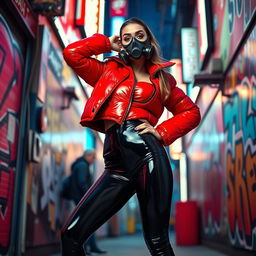 A hot slim girl with big boobs striking a bold pose in a shiny red tight puffer jacket that hugs her curves