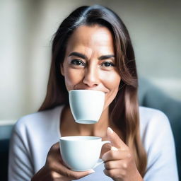 A high-quality, real-life photograph capturing a woman eating a real white cup