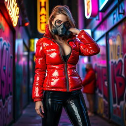 A hot slim girl with big boobs striking a bold pose in a shiny red tight puffer jacket that hugs her curves