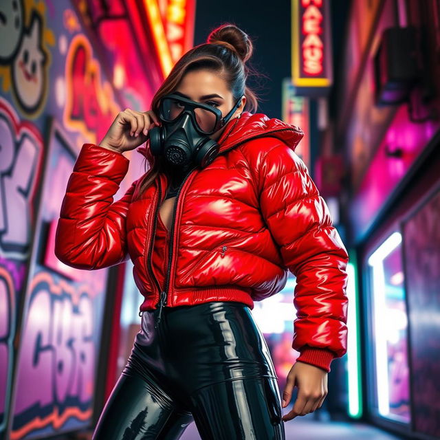 A hot slim girl with big boobs striking a bold pose in a shiny red tight puffer jacket that hugs her curves