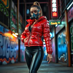 A hot slim girl with big boobs confidently poses in a shiny red tight puffer jacket that hugs her body