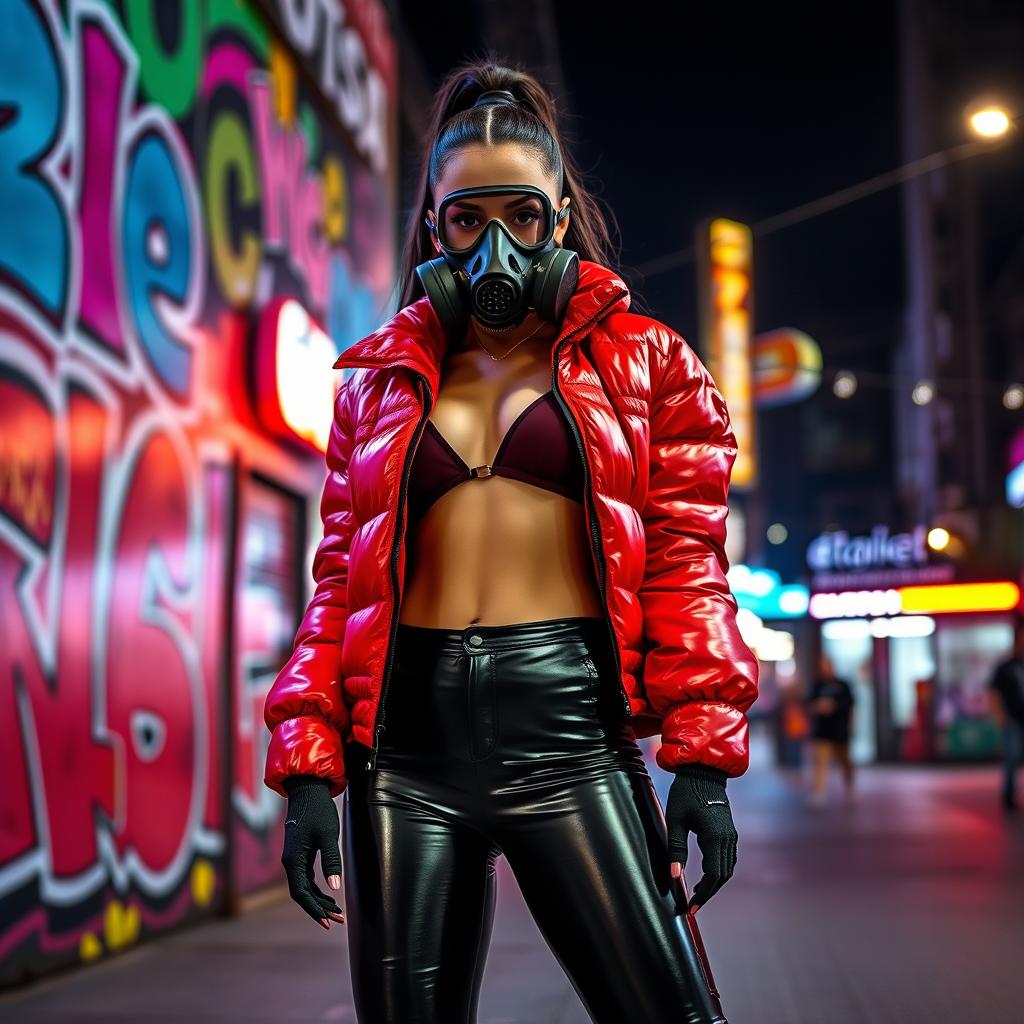 A hot slim girl with big boobs confidently poses in a shiny red tight puffer jacket that hugs her body