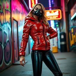 A hot slim girl with big boobs confidently poses in a shiny red tight puffer jacket that hugs her body