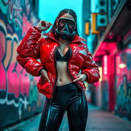 A hot slim girl with big boobs confidently poses in a shiny red tight puffer jacket that hugs her body