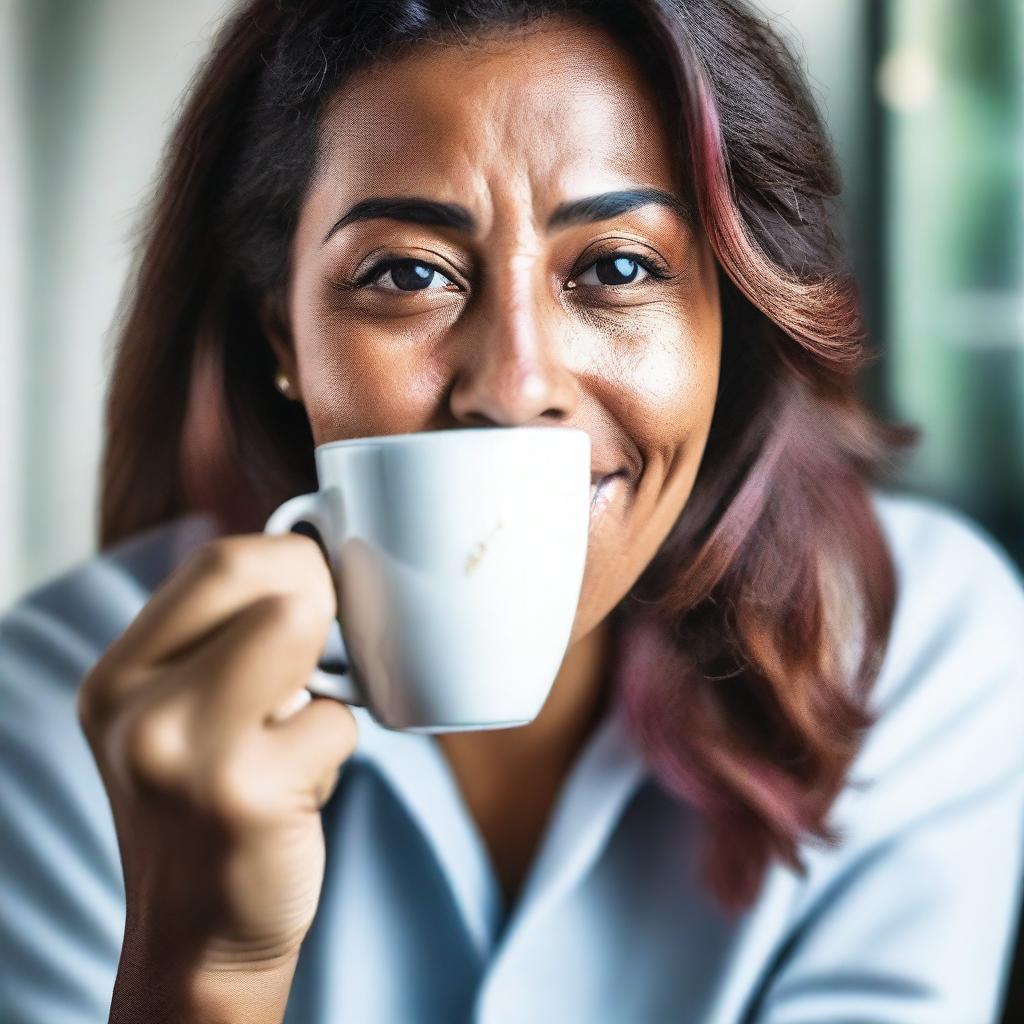 A high-quality, real-life photograph capturing a woman eating a real white cup