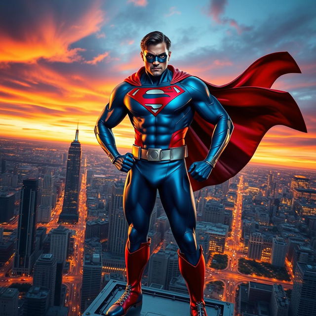 A dynamic superhero standing confidently atop a skyscraper, overlooking a bustling city