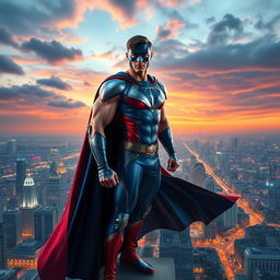 A dynamic superhero standing confidently atop a skyscraper, overlooking a bustling city