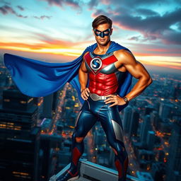 A dynamic superhero standing confidently atop a skyscraper, overlooking a bustling city