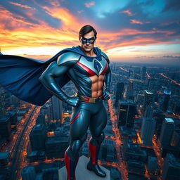 A dynamic superhero standing confidently atop a skyscraper, overlooking a bustling city