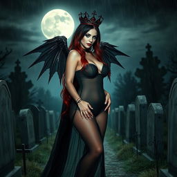 A beautiful, innocent, curvy, sexy girl with very long black, red, and silver hair walks through a graveyard at night, her sweet, soft face highlighted by dark gothic makeup
