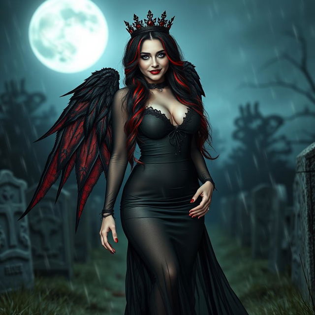 A beautiful, innocent, curvy, sexy girl with very long black, red, and silver hair walks through a graveyard at night, her sweet, soft face highlighted by dark gothic makeup