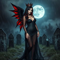 A beautiful, innocent, curvy, sexy girl with very long black, red, and silver hair walks through a graveyard at night, her sweet, soft face highlighted by dark gothic makeup