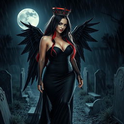 A beautiful, innocent, curvy, sexy girl with very long black, red, and silver hair walks through a graveyard at night, her sweet, soft face highlighted by dark gothic makeup