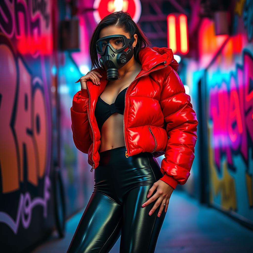A hot slim girl with big boobs posing confidently in a shiny red tight puffer jacket that accentuates her curves