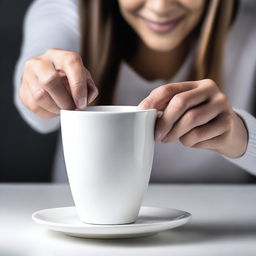 A high-resolution, real-life photograph that captures a woman cutting a real white cup until it splits