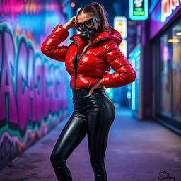 A hot slim girl with big boobs posing confidently in a shiny red tight puffer jacket that accentuates her curves