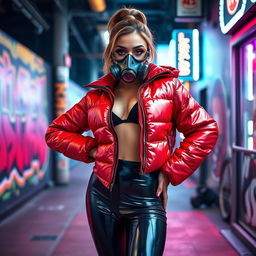 A hot slim girl with big boobs posing confidently in a shiny red tight puffer jacket that accentuates her curves