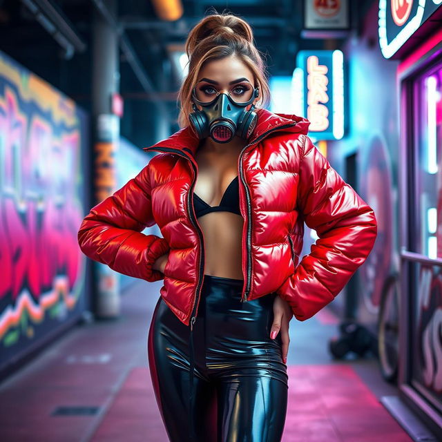 A hot slim girl with big boobs posing confidently in a shiny red tight puffer jacket that accentuates her curves