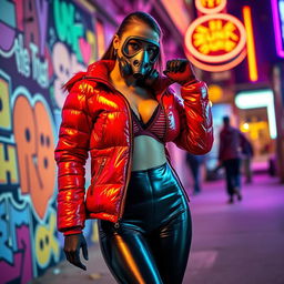 A hot slim girl with big boobs confidently poses in a shiny red tight puffer jacket that accentuates her figure