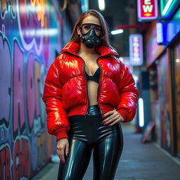 A hot slim girl with big boobs confidently poses in a shiny red tight puffer jacket that accentuates her figure