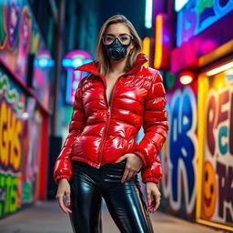 A hot slim girl with big boobs confidently poses in a shiny red tight puffer jacket that accentuates her figure