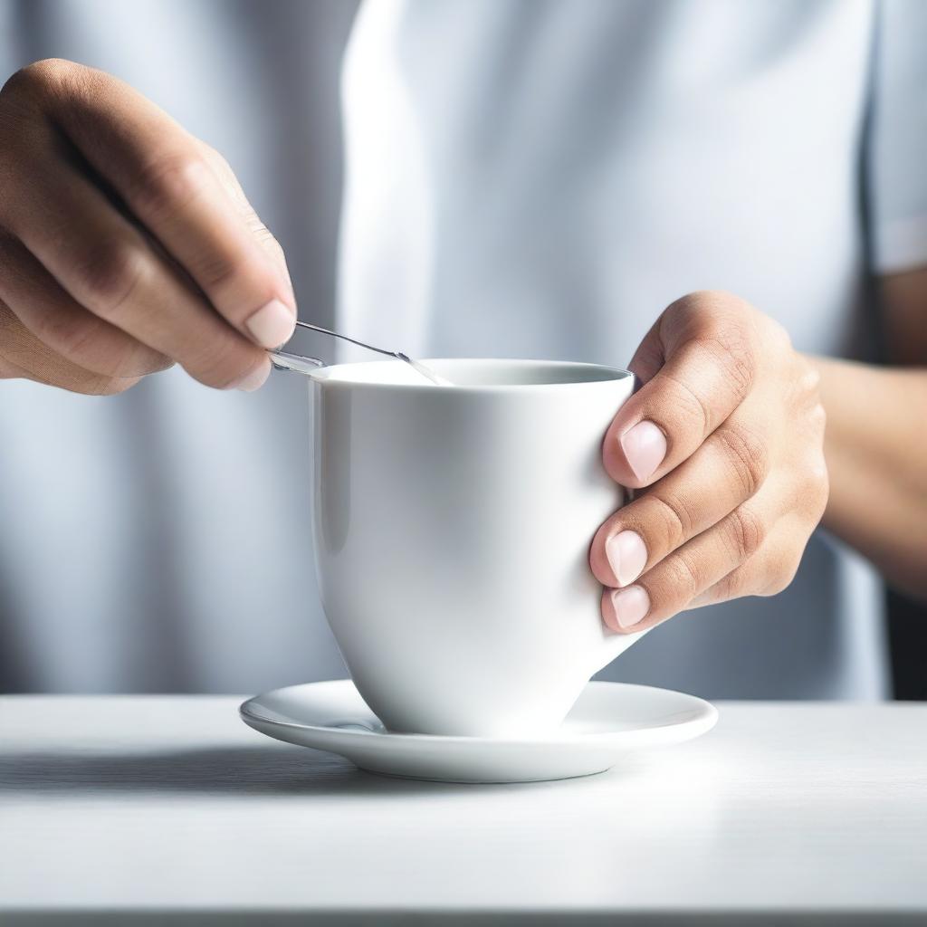 A high-resolution, real-life photograph that captures a woman cutting a real white cup until it splits