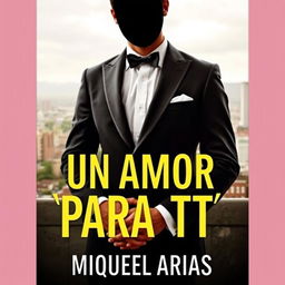 a book cover featuring a young man in an elegant suit with no visible face, holding the hands of a young woman, background of a city skyline, the title 'Un Amor Para Tí' prominently displayed, author name 'Miguel Arias' centered below the title