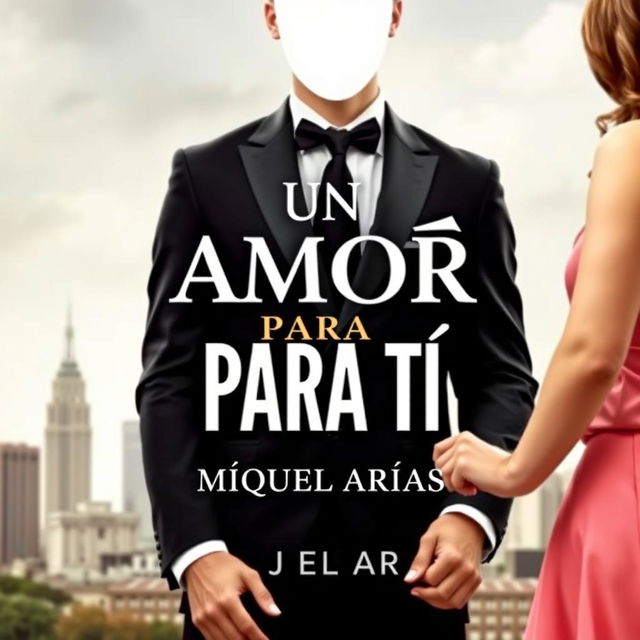 a book cover featuring a young man in an elegant suit with no visible face, holding the hands of a young woman, background of a city skyline, the title 'Un Amor Para Tí' prominently displayed, author name 'Miguel Arias' centered below the title