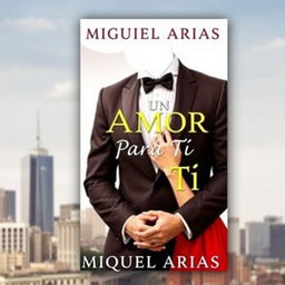 a book cover featuring a young man in an elegant suit with no visible face, holding the hands of a young woman, background of a city skyline, the title 'Un Amor Para Tí' prominently displayed, author name 'Miguel Arias' centered below the title