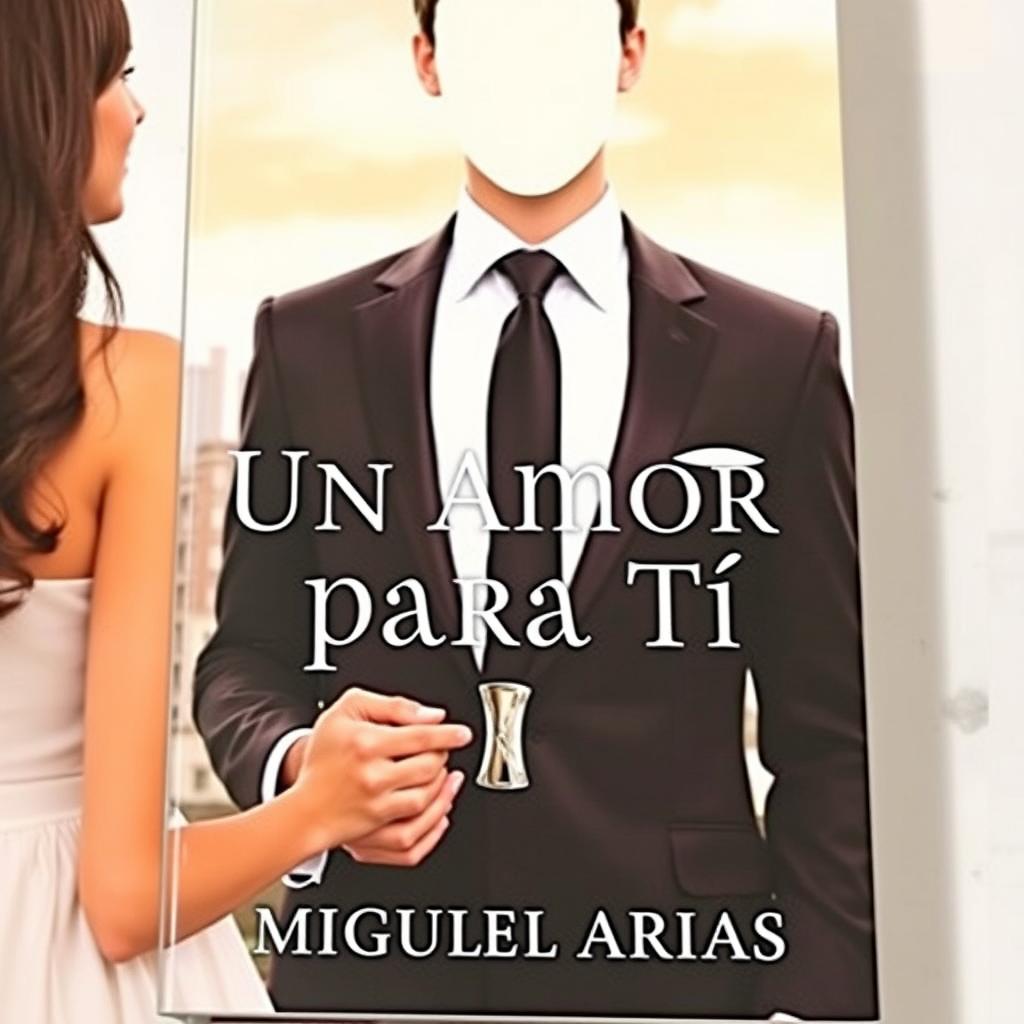 a book cover featuring a young man in an elegant suit with no visible face, holding the hands of a young woman, background of a city skyline, the title 'Un Amor Para Tí' prominently displayed, author name 'Miguel Arias' centered below the title