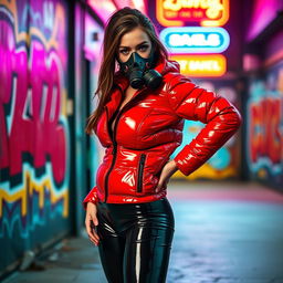 A hot slim girl with big boobs strikes a confident pose in a shiny red tight puffer jacket that highlights her body shape