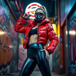 A hot slim girl with big boobs strikes a confident pose in a shiny red tight puffer jacket that highlights her body shape