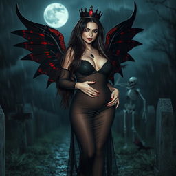 A beautiful, innocent, curvy, sexy girl with very long black, red, and silver hair walks through a graveyard at night, her sweet, soft face highlighted by dark gothic makeup