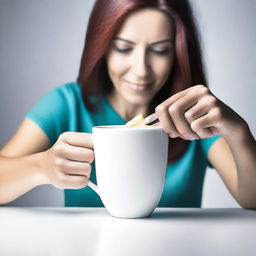 A high-resolution, real-life photograph that captures a woman cutting a real white cup until it splits