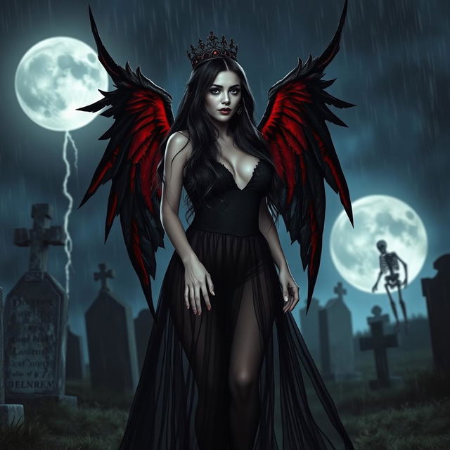 A beautiful, innocent, curvy, sexy girl with very long black, red, and silver hair walks through a graveyard at night, her sweet, soft face highlighted by dark gothic makeup