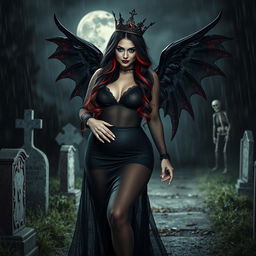 A beautiful, innocent, curvy, sexy girl with very long black, red, and silver hair walks through a graveyard at night, her sweet, soft face highlighted by dark gothic makeup