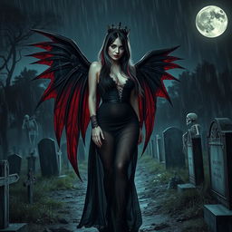 A beautiful, innocent, curvy, sexy girl with very long black, red, and silver hair walks through a graveyard at night, her sweet, soft face highlighted by dark gothic makeup