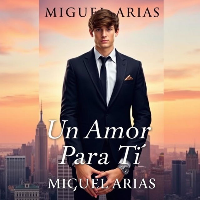 a book cover featuring a young man in an elegant suit with no visible face or head, holding the hands of a young woman, background of a city skyline, the title 'Un Amor Para Tí' prominently displayed in an elegant font, author name 'Miguel Arias' centered below the title