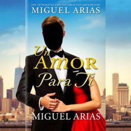 a book cover featuring a young man in an elegant suit with no visible face or head, holding the hands of a young woman, background of a city skyline, the title 'Un Amor Para Tí' prominently displayed in an elegant font, author name 'Miguel Arias' centered below the title