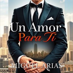 a book cover featuring a young man in an elegant suit with no visible face or head, holding the hands of a young woman, background of a city skyline, the title 'Un Amor Para Tí' prominently displayed in an elegant font, author name 'Miguel Arias' centered below the title