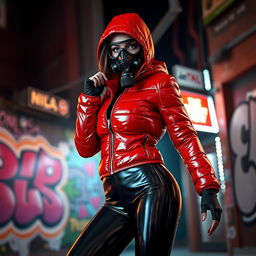 A hot slim girl with big boobs confidently posing in a shiny red tight puffer jacket that hugs her figure closely