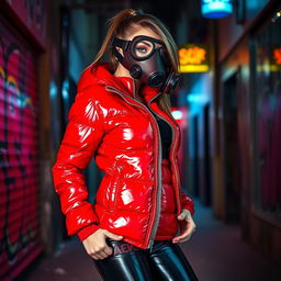 A hot slim girl with big boobs confidently posing in a shiny red tight puffer jacket that hugs her figure closely