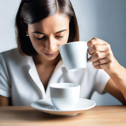 A high-resolution, real-life photograph that captures a woman cutting a real white cup until it splits