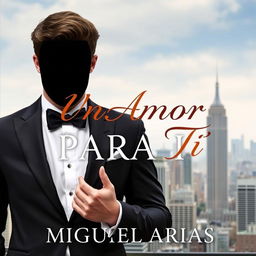 a book cover featuring a young man in an elegant suit with no visible face or head, holding the hands of a young woman, background of a city skyline, the title 'Un Amor Para Tí' prominently displayed in an elegant font, author name 'Miguel Arias' centered below the title