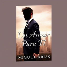 a book cover featuring a young man in an elegant suit with no visible face or head, holding the hands of a young woman, background of a city skyline, the title 'Un Amor Para Tí' prominently displayed in an elegant font, author name 'Miguel Arias' centered below the title