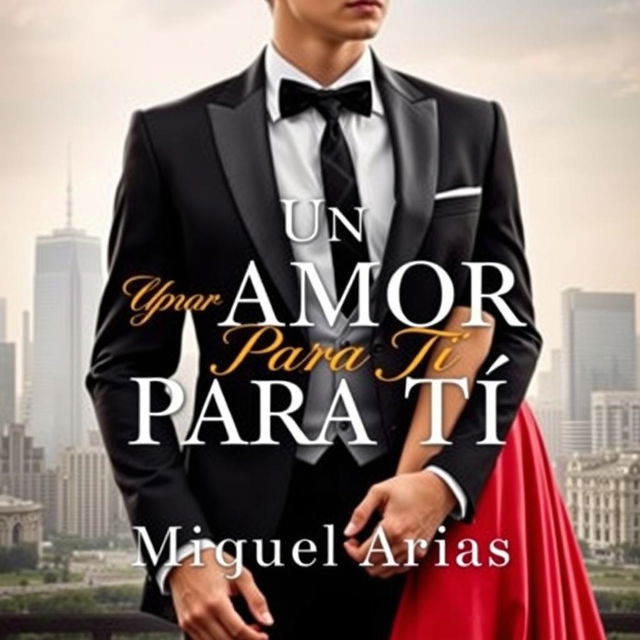 a book cover featuring a young man in an elegant suit with no visible face or head, holding the hands of a young woman, background of a city skyline, the title 'Un Amor Para Tí' prominently displayed in an elegant font, author name 'Miguel Arias' centered below the title