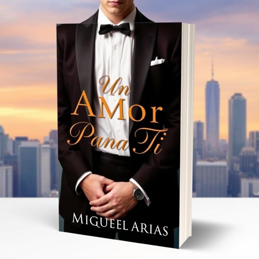 a book cover featuring a young man in an elegant suit with no visible face or head, holding the hands of a young woman, background of a city skyline, the title 'Un Amor Para Tí' prominently displayed in an elegant font, author name 'Miguel Arias' centered below the title