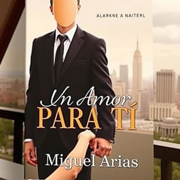 a book cover featuring a young man in an elegant suit with no visible face or head, holding the hands of a young woman, with a city skyline in the background, the title 'Un Amor Para Tí' prominently displayed in an attractive font, the author's name 'Miguel Arias' located just below the title